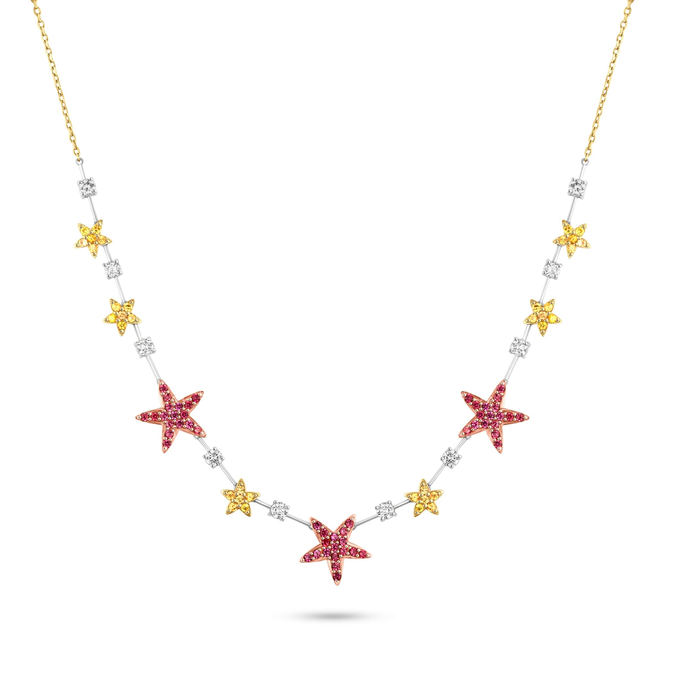 Star Necklace with Pink & Yellow Natural Sapphires