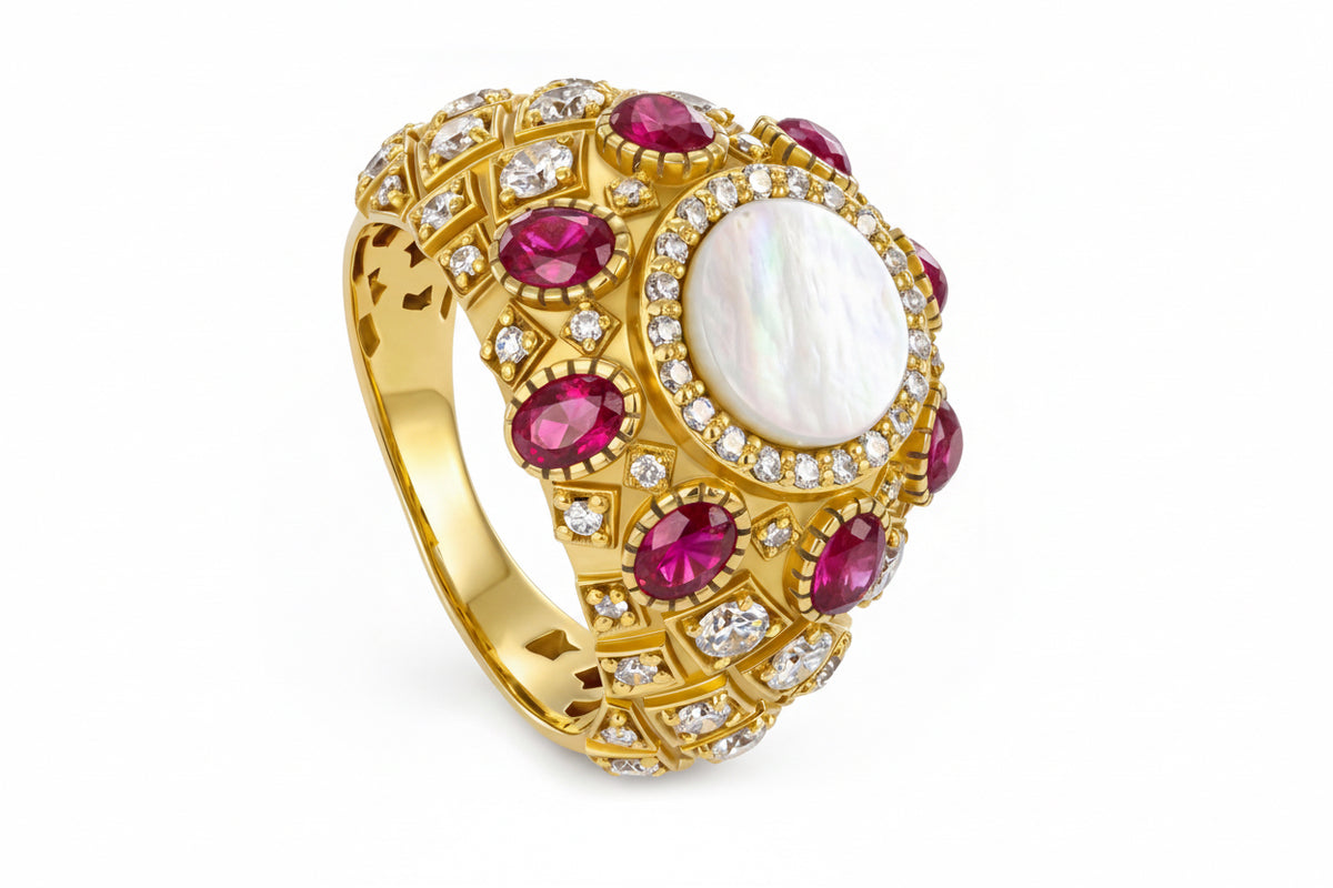 Medina Ring — Mother of Pearl, Diamond & Precious Stone in 18K Gold
